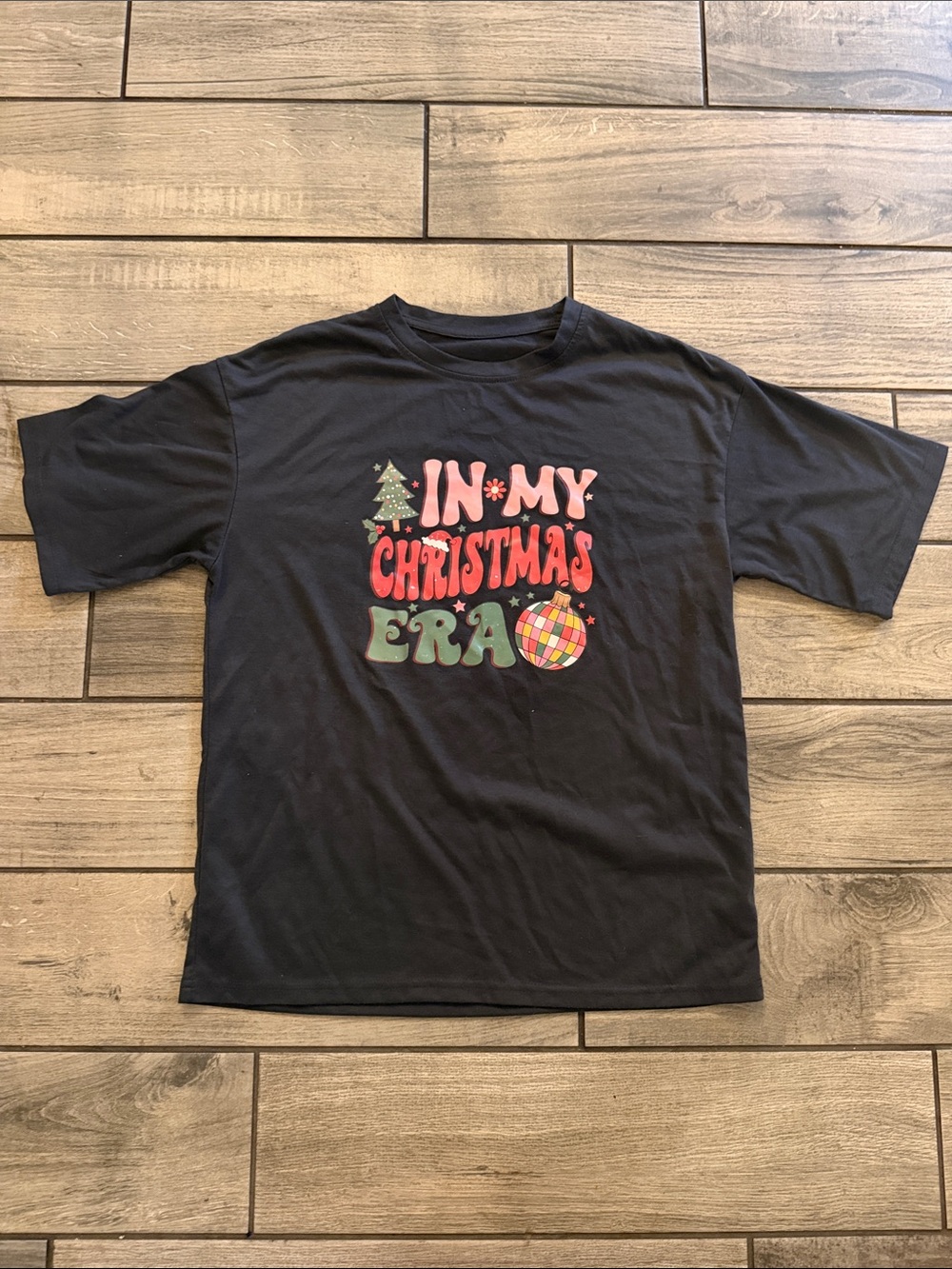 SHEIN Black Short Sleeve Tee with Festive Multi-Color Graphic